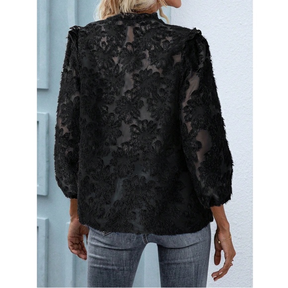 Black Casual Textured Shirt Button Up Down Floral - Picture 6 of 9